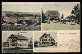 AK Allmendingen, Schloss, Schulhaus und Totalansicht