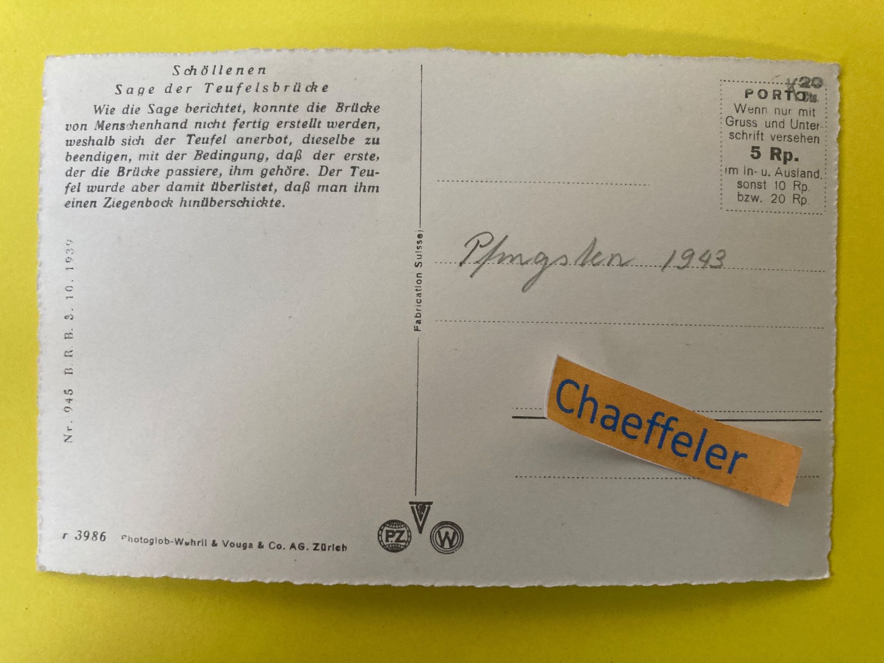 Cartoline postali: 1943 Teufelsbrücke – Usato da Zürich venduto da Chaeffeler 1