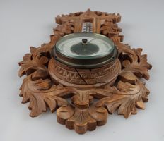 Wandbarometer mit Thermometer, Holz geschnitzt, gebraucht