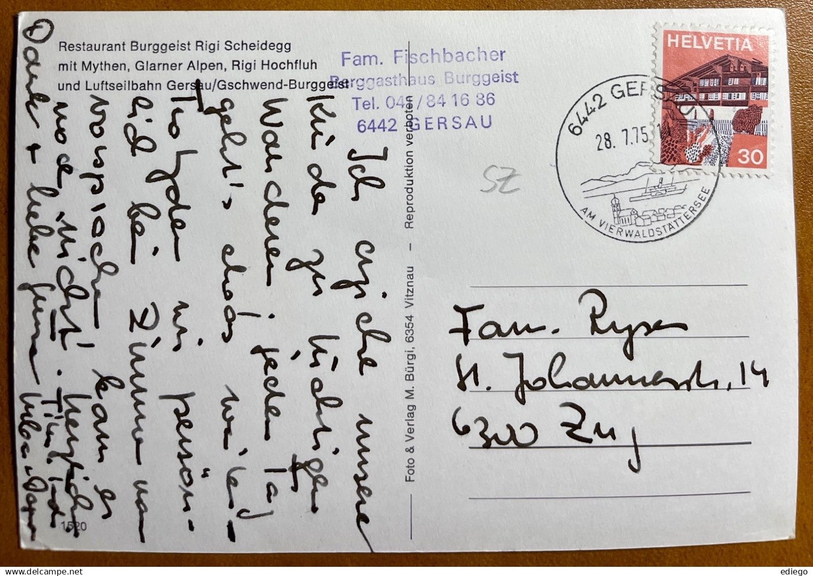 Cartoline postali: Rigi Scheidegg - Restaurant Burggeist 1975 – Usato da Lutry venduto da Ediego 1