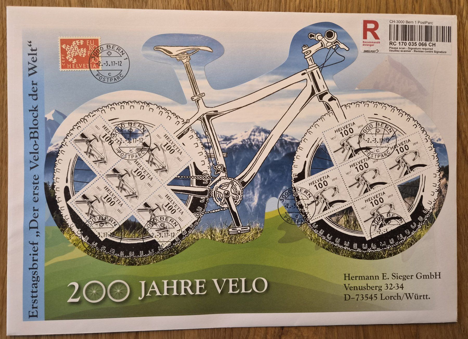 Tous les timbres: 2017 Spezialbogen 200 Jahre Velo FDC eingeschrieben – Neuf (Voir description) à Wetzikon ZH par BeniB01