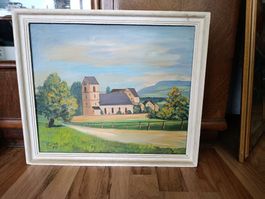 Gemälde Kirche Münchenstein Signiert. Stolz 1959 Öl Leinwand