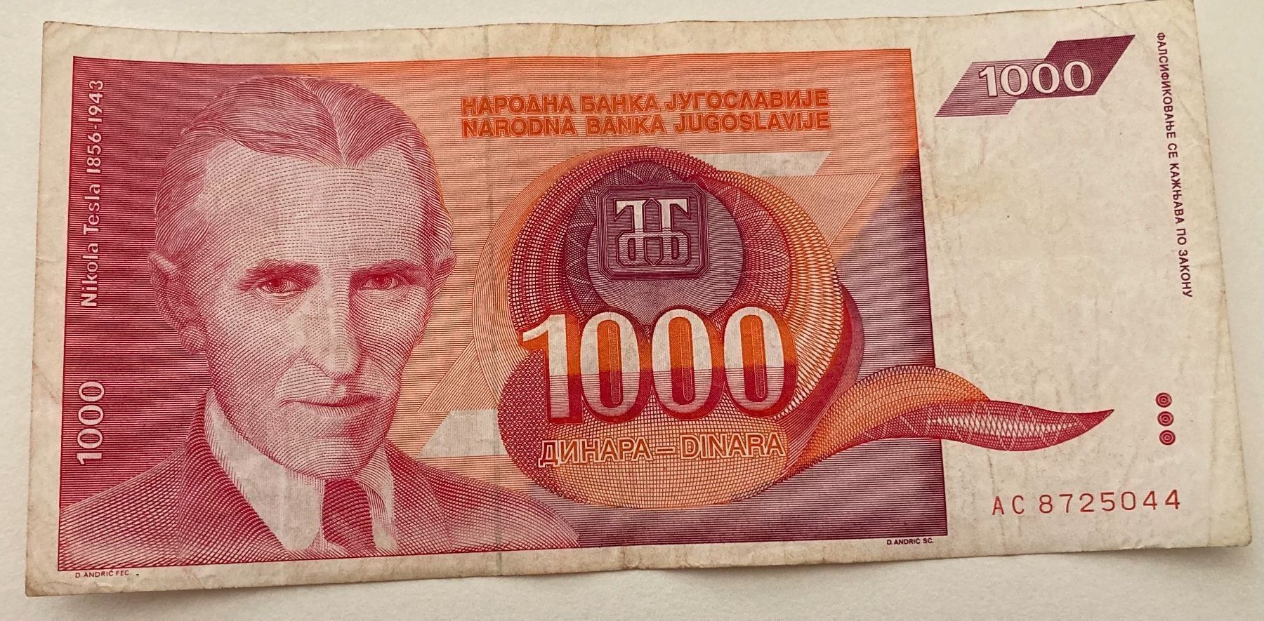 Banknoten: Jugoslawien 1000 Dinara 1992 – Gebraucht aus Algetshausen von Carrhard