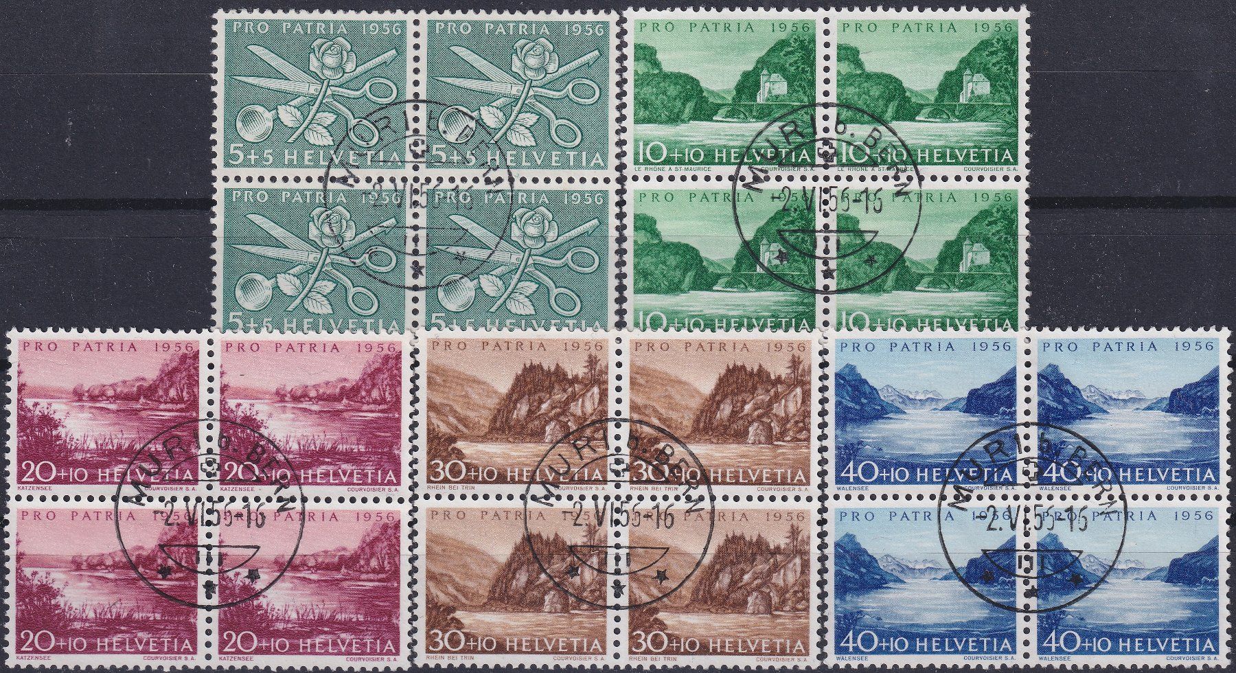 Tutti i francobolli: 1956, PP: B77-B80 mit Stempel MURI Bern 2.JUN.56, Kat: 120.- – Usato da Sursee venduto da Luzernerraute