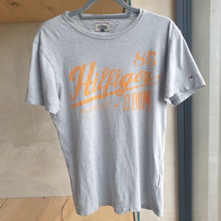 🐸 TOMMY HILFIGER T-SHIRT S GRAU MÉLANGE ORANGE