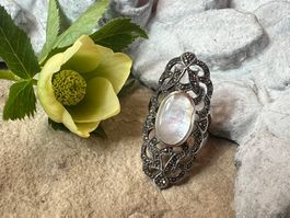 Art Deco Ring lang i. Silber 925 m Perlmutter Markasiten 57