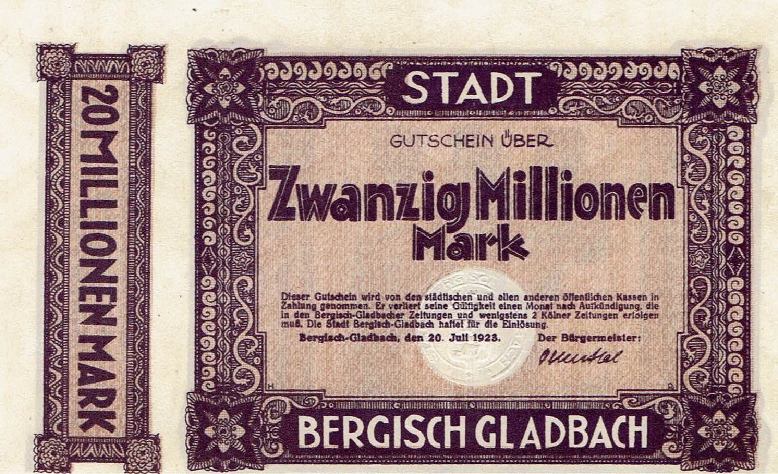 Banconote: Bergisch Gladbach 20 Mil.Mark 20.07.1923 VZ-VZ+ – Usato da Steffisburg venduto da ber_8htf