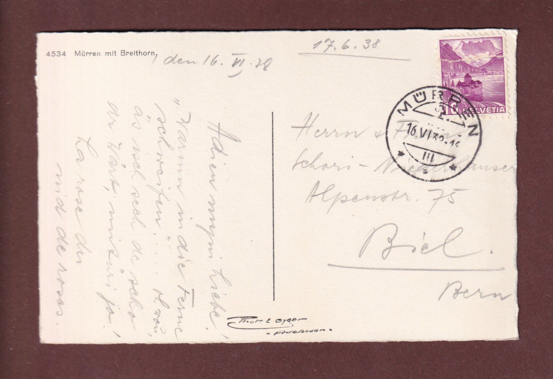 Cartoline postali: MÜRREN - Breithorn - 1938 – Usato da Pully venduto da nicecards-shop 1
