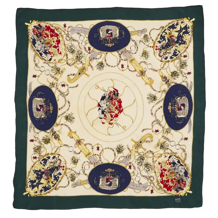 Foulard Carré En Soie Vintage Nicole De Beauvon 'Les Clefs' - 86x86 Cm, Bleu Nuit
