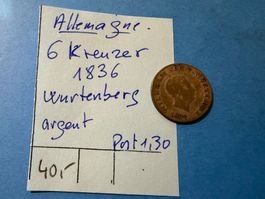 ALLEMAGNE : 6 KREUZER 1836 - WURTENBERG - ARGENT