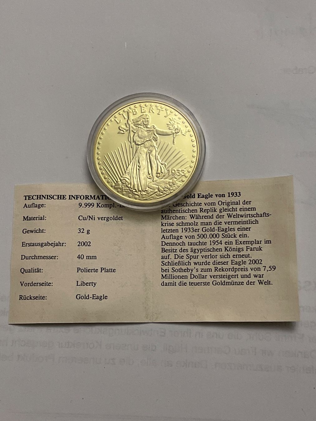 Alle Münzen: Münze Liberty/Eagle 40mm PP Copy – Neu (gemäss Beschreibung) aus Schlossrued von Tkanada