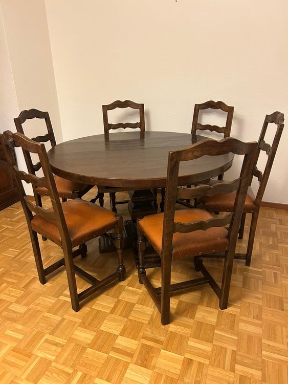 Table Ronde En Bois Peint Beige + 2 Rallonges Et 6 Chaises Assorties – Occasion