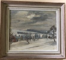 Ölgemälde Ernst Leu 1947 verschneites Dorf am Jura-Südfuss