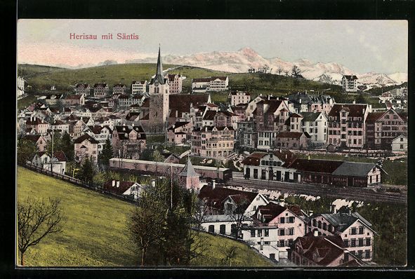 Cartoline postali: AK Herisau, Panoramablick mit Säntis – Usato da Berlin venduto da bartko-reher