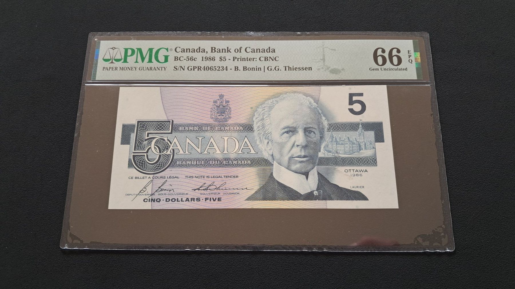 Banconote: Kanada 5 Dollars 1986 Pmg 66 EPQ – Nuovo e nell'imballaggio originale da Lufingen venduto da E-Auktion