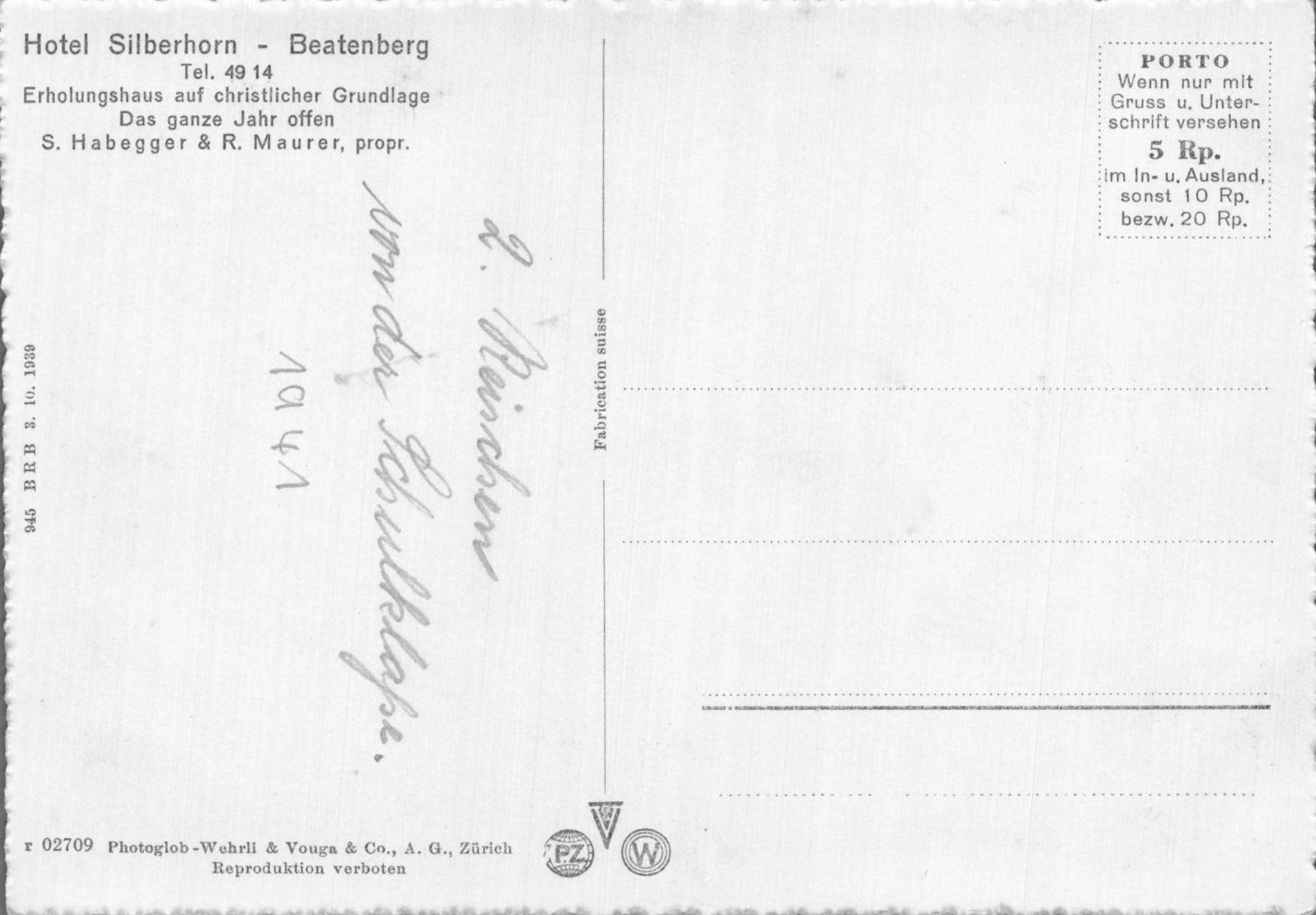 Cartoline postali: Alte Postkarte Hotel Silberhorn Beatenberg – Usato da Oberkirch LU venduto da sa_kr 1