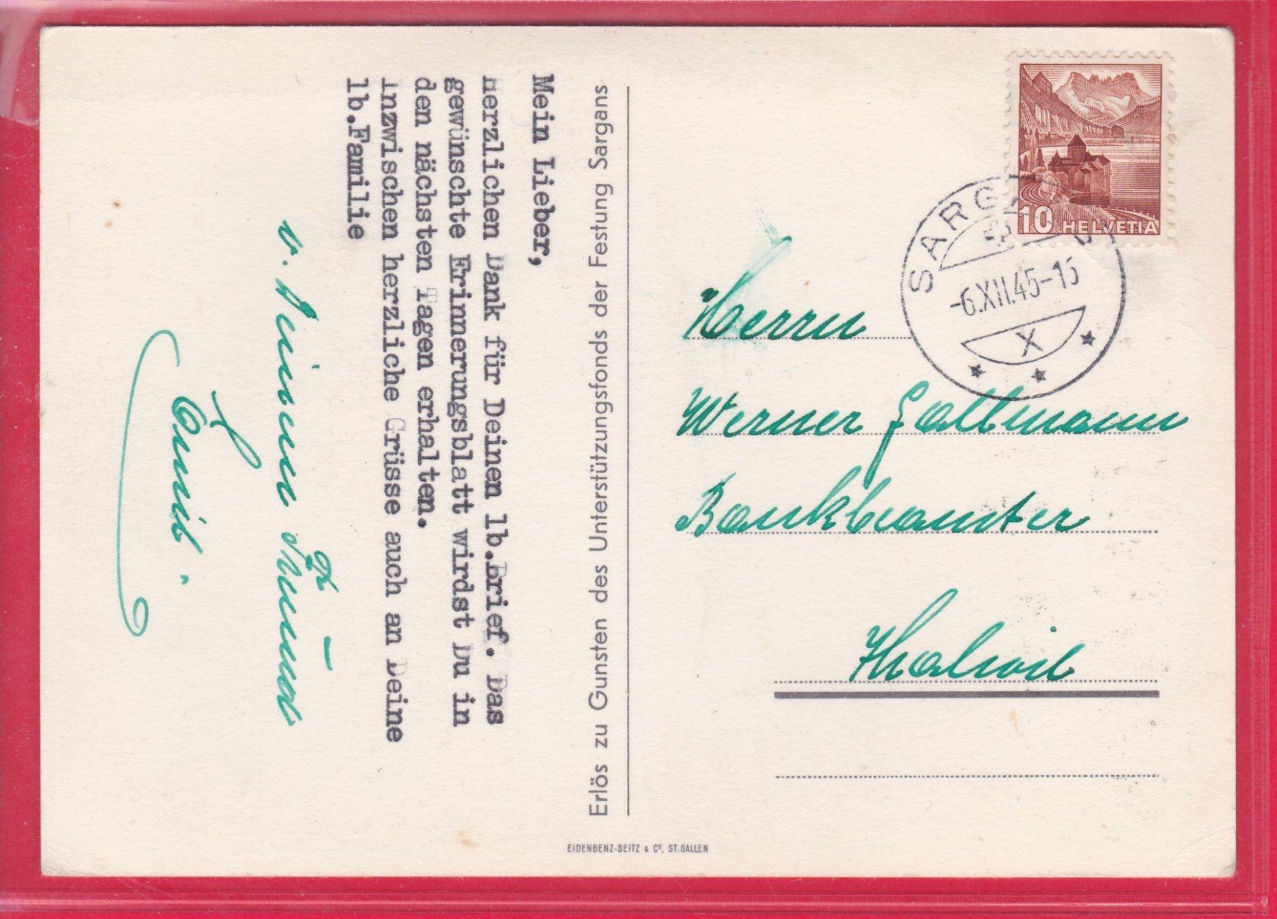 Ansichtskarten: FESTUNG SARGANS, 6.12.1945 – Gebraucht aus Oberrieden von Gebirgsstelze 1
