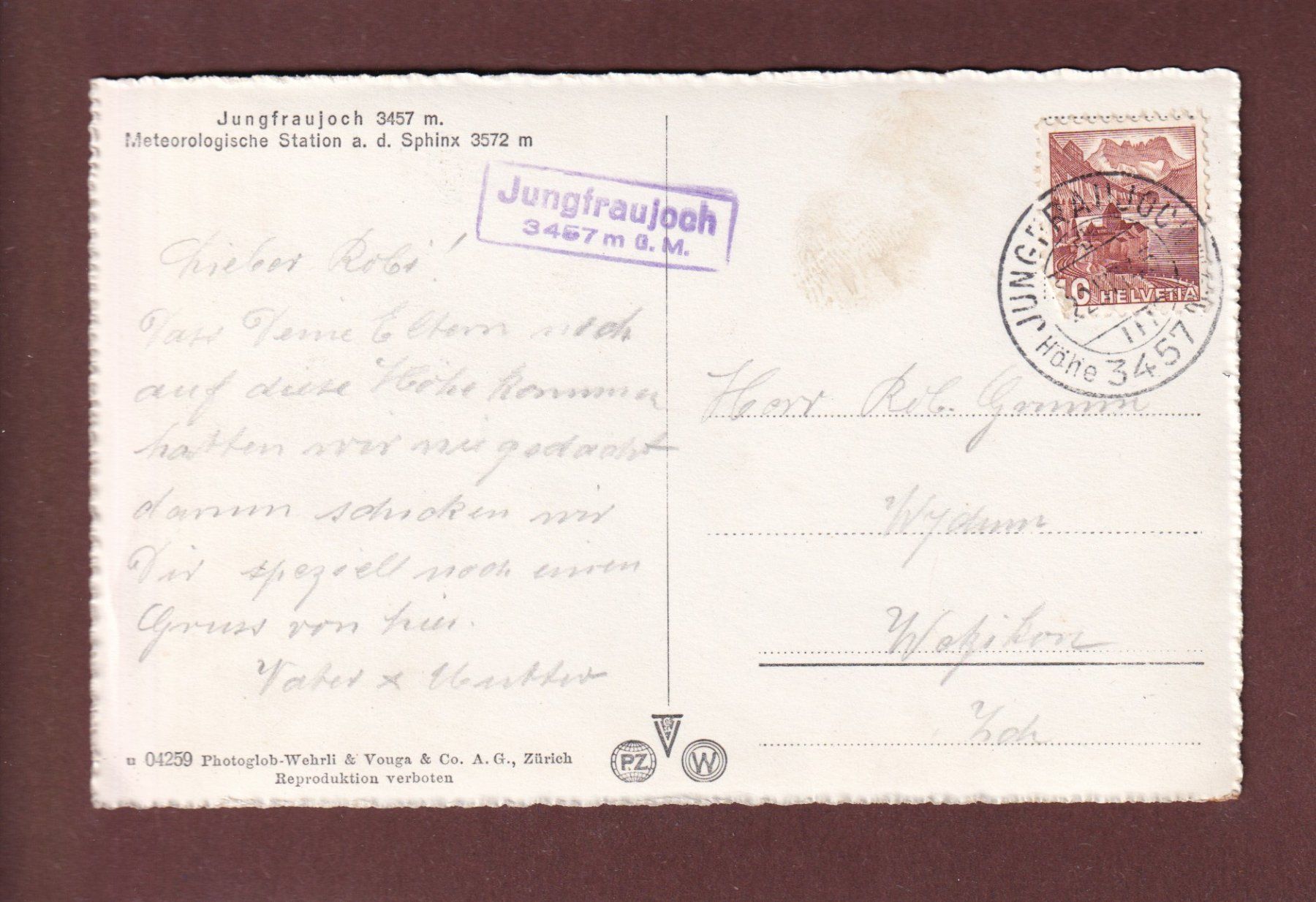 Cartoline postali: JUNGFRAUJOCH - 1945 – Usato da Pully venduto da nicecards-shop 1