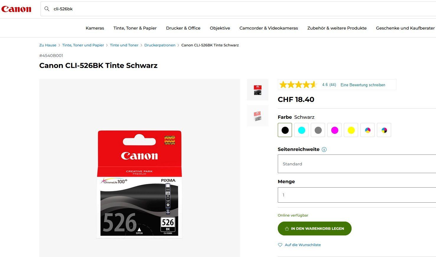 Canon Cartouches & Toner: Canon CLI-526BK + CLI-526C + CLI-526M + CLI-526Y Patronen – Neuf avec emballage d'origine à Glattbrugg par copytron 2