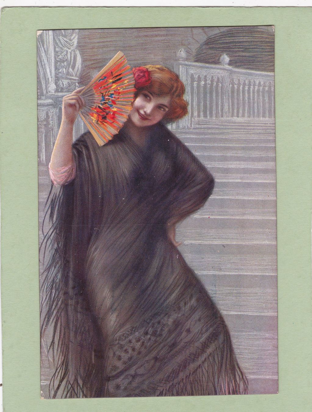 Ansichtskarten: Kitsch Kunst Frau mit Fächer 1921 – Gebraucht aus Herisau von Lisegrat2008