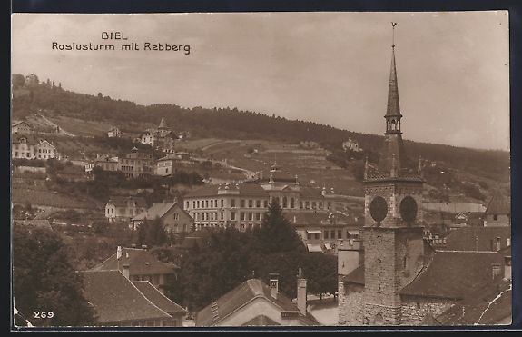 Cartoline postali: AK Biel, Rosiusturm mit Rebberg, 1920 – Usato da Berlin venduto da bartko-reher