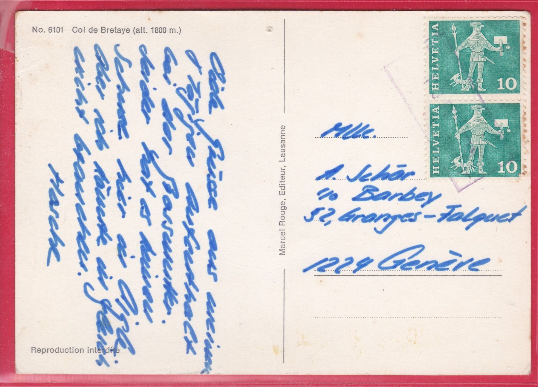 Cartoline postali: COL DE BRETAYE 1800m, – Usato da Oberrieden venduto da Gebirgsstelze 1
