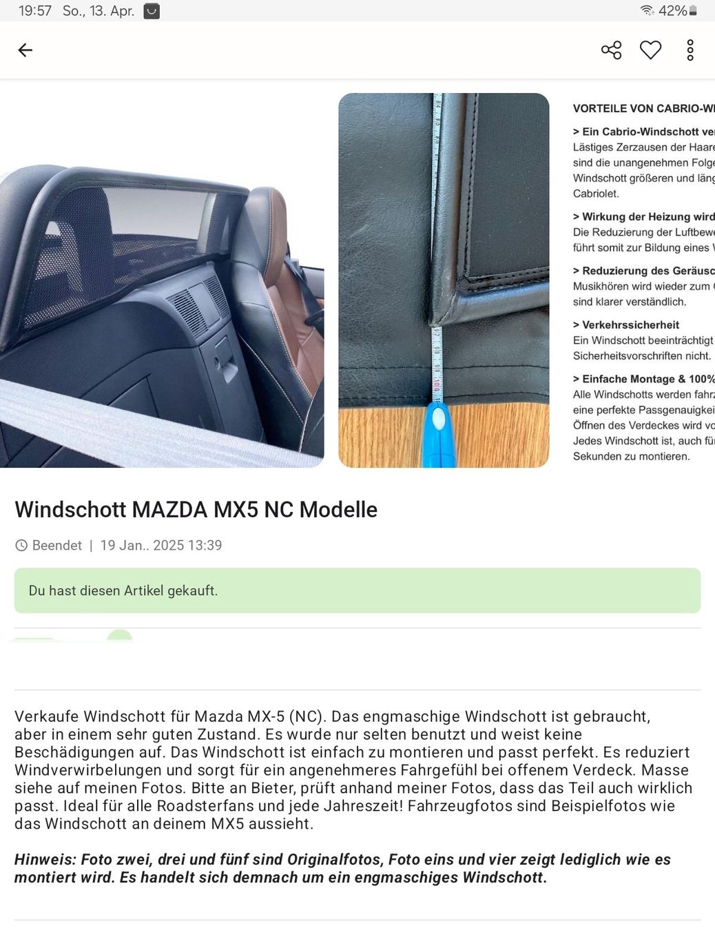 Mazda Autres accessoires p. véhicule: Windschott Mazda MX-5 NC – D'occasion à Spiez par Spezius 3