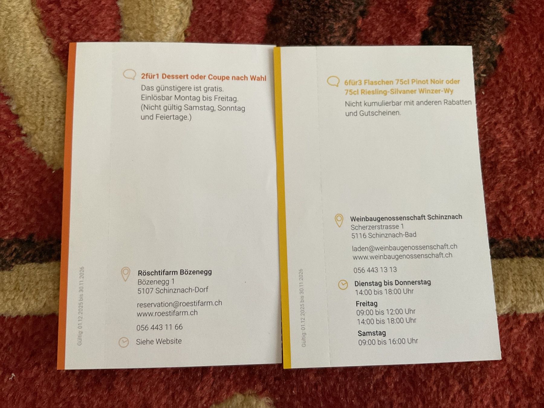 Gutscheine: 7 bons de réductions à Schinznach – Neu (gemäss Beschreibung) aus Düdingen von Yellow 2