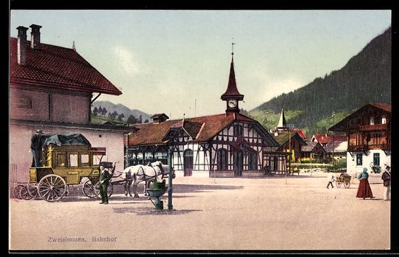 Ansichtskarten: AK Zweisimmen, Bahnhof m. Postkutsche – Gebraucht aus Berlin von bartko-reher