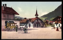 AK Zweisimmen, Bahnhof m. Postkutsche