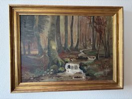 Ölgemälde Wald mit Bach in goldenem Holzrahmen gebraucht
