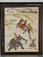 Vintage grosses Gouache Gemälde aus Seide Indien gerahmt