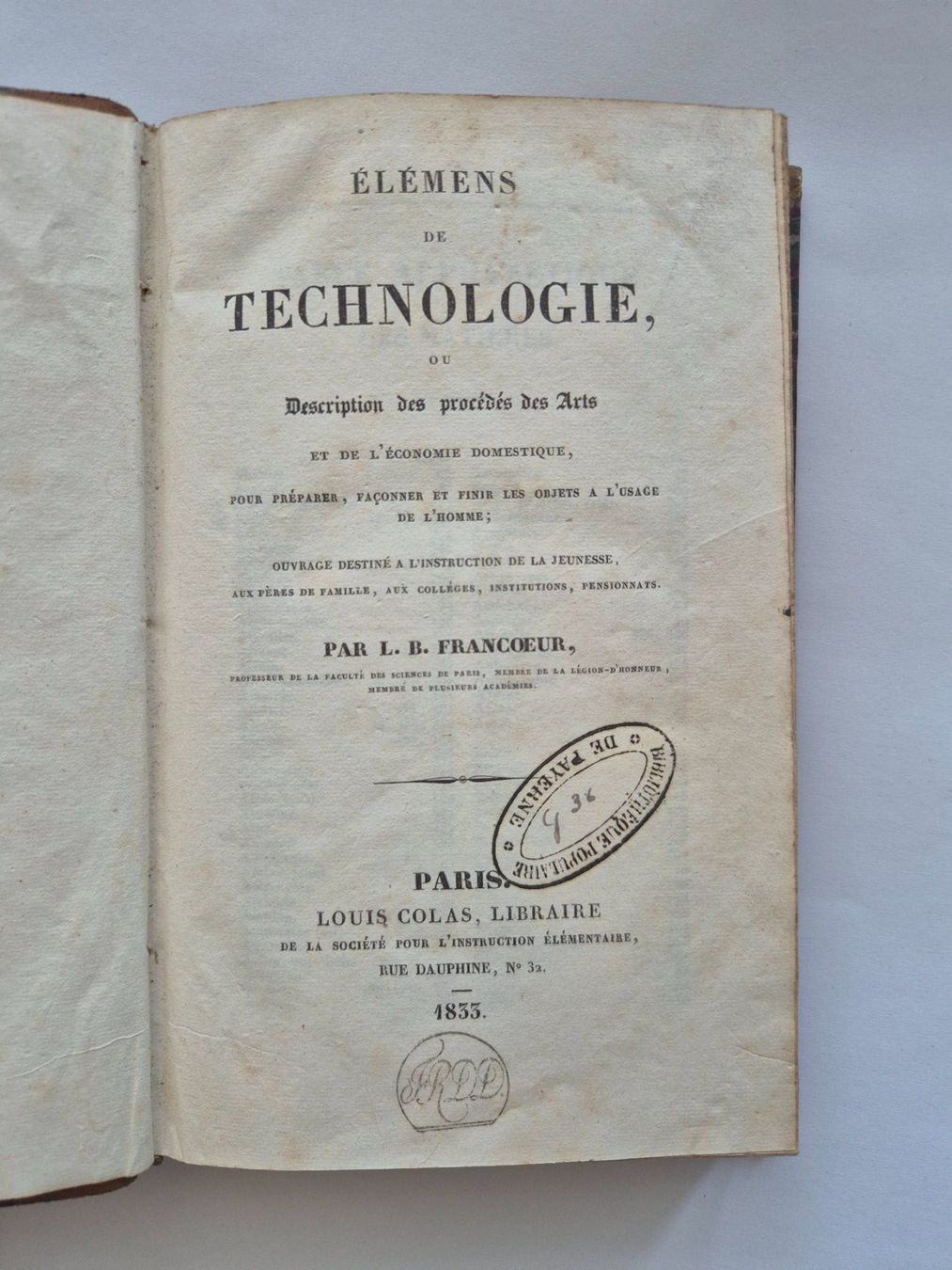 Libri: Eléments de Technologie Buch 1835 Louis Colas gebraucht – Usato da Langendorf venduto da zvonu161