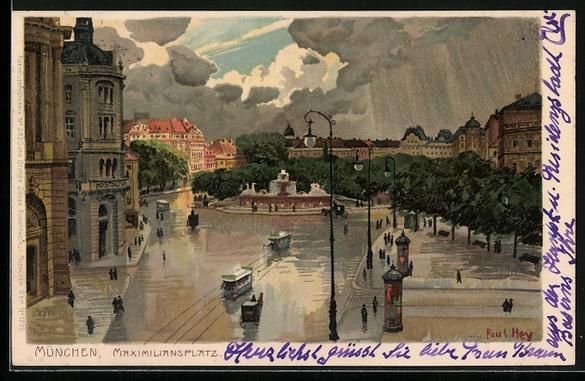 Cartoline postali: Paul Hey: München, Maximiliansplatz mit – Usato da Berlin venduto da bartko-reher