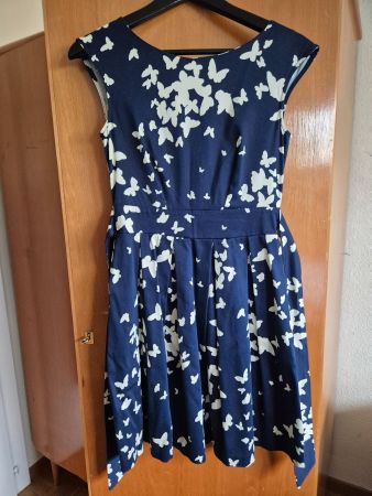 Abito estivo blu navy con farfalle bianche, taglia XS