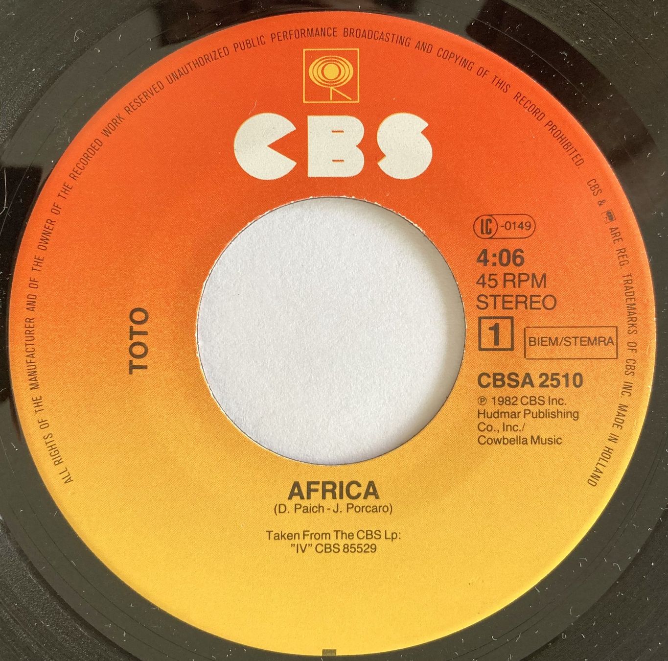 Schallplatten: TOTO - AFRICA – Gebraucht aus Bottens von hotter-than-hell 2