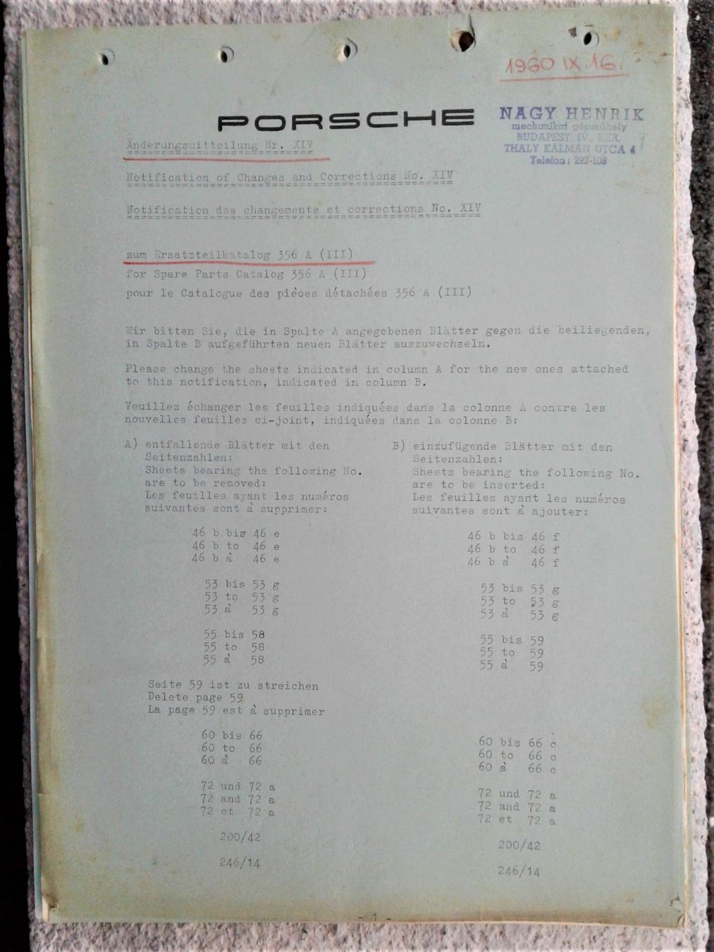 Porsche Documenti: Porsche 356 A - Änderungsmitteilungen / Notifications cat. – Usato da Lausanne venduto da LasloH 1