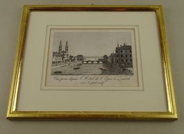 ZÜRICH HAUS Z. SCHWERT MÜNSTERBRÜCKE KUPFERRADIERUNG UM 1840