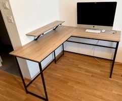 Bureau d'angle bois avec étagère surélevée 140x130X76cm