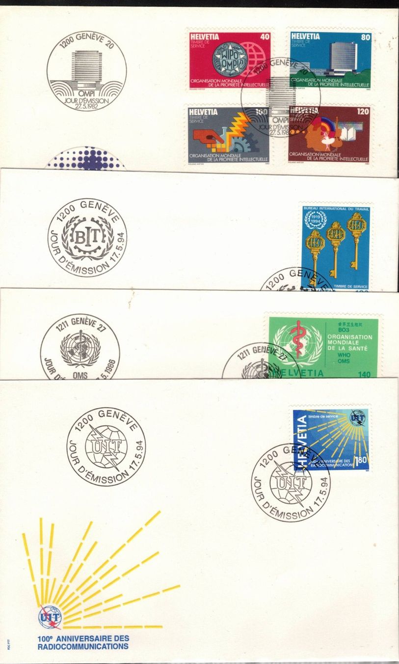 Tutti i francobolli: 1982/1994/ FDC 4er Genfer Ämter  aus ABO – Usato da Rheinau venduto da loxis