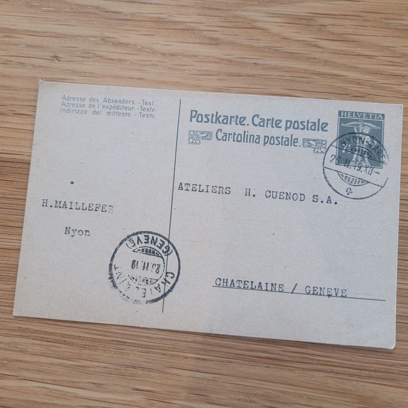 Cartoline postali: GS Nyon Chatelaine 1919 – Usato da Biel/Bienne venduto da Destockweb