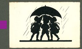 AK sw Künstlerkarte Drei unter einem Regenschirm ≈ 1925 