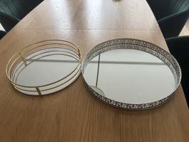 Zwei Dekotabletts rund mit Spiegelglas guter Zustand