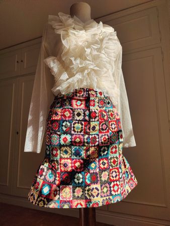 Vintage Moschino Jeans Rainbow Patchwork Ruffle Mini Skirt