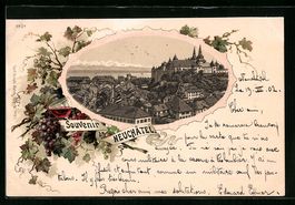 Litho Neuchâtel, Ortsansicht mit Schlos