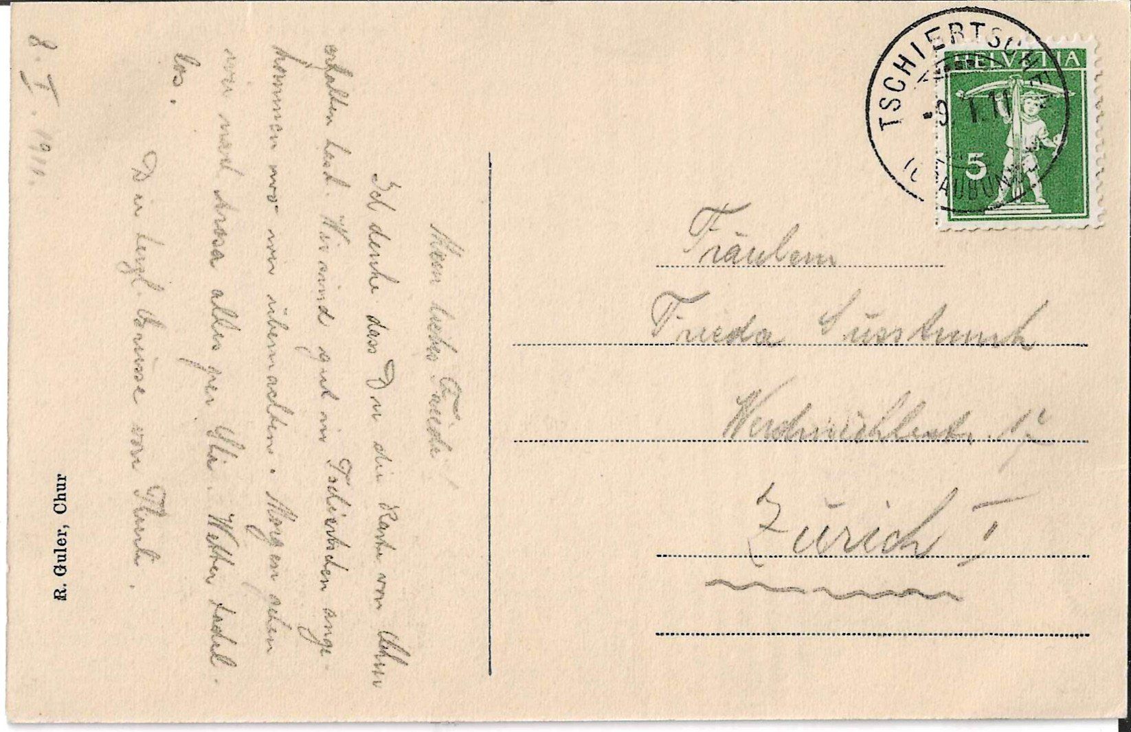 Cartoline postali: Karte Tschiertschen 1911 – Usato da Zürich venduto da Philacat11 1