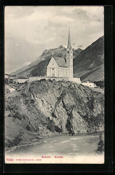 Cartoline postali: AK Schuls, Blick zur Kirche, 1906 – Usato da Berlin venduto da bartko-reher
