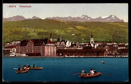 AK Rorschach, Seeufer mit Ruderbooten, Hafenbauten und Kirch