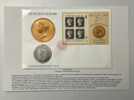 Isle of Man Penny Black 1840-1990 Gedenkmünze mit Briefma...