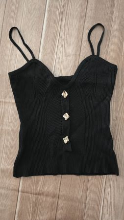 🆕 Ribbed Knit Top - M - Schwarzes Cami mit Gold-Details